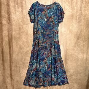 Vintage 90s Allison J Multicolor Paisley Butterfly Maxi Dress Short Sleeve Boho